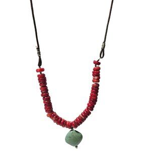 Boho Handmade Red Disc Beads Green Stone Pendant Necklace Fashion Jewelry Women